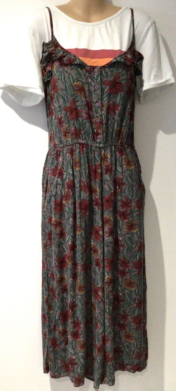 FAT FACE GREY TROPICAL FLOWER BUTTON CROP DUNGAREES/JUMPSUIT SIZE 12