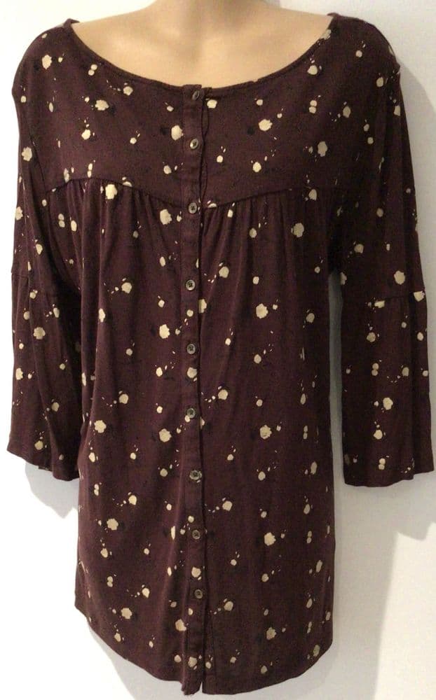 FAT FACE MAROON PRINT BUTTON 3/4 SLEEVE T-SHIRT TOP SIZE 14
