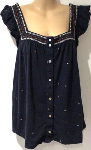 FAT FACE NAVY EMBROIDERED SQUARE NECK BUTTON TOP SIZE 14