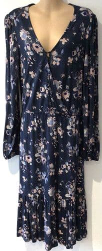 FAT FACE NAVY/PINK FLORAL WRAP MIDI DRESS SIZE 14