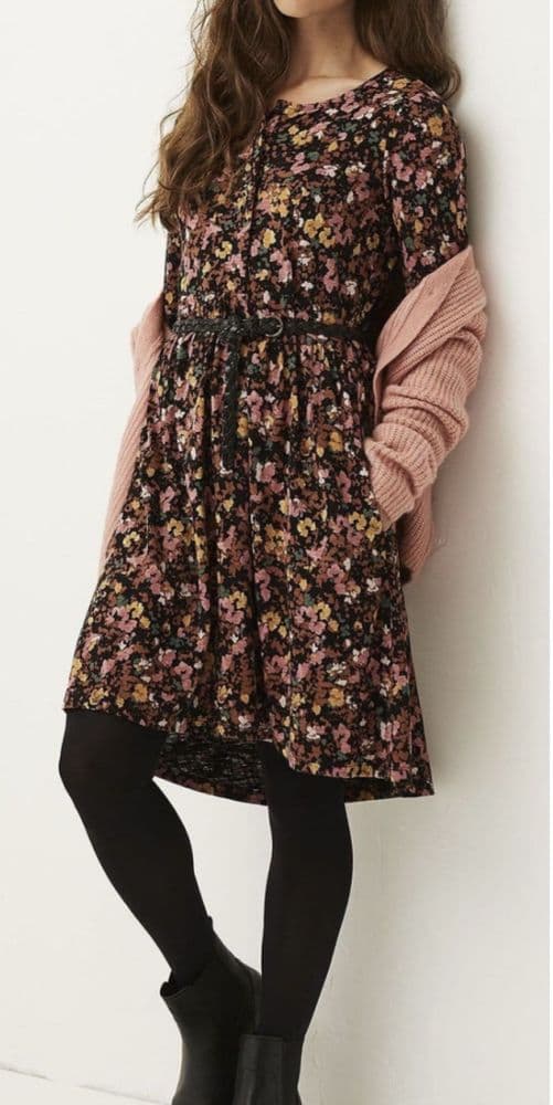 FAT FACE NINA BLACK PETAL PRINT BUTTONED TUNIC DRESS WITH POCKETS SIZE 12R