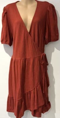 FAT FACE RUST RIBBED TIERED WRAP DRESS SIZE 16
