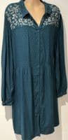 FAT FACE TURQUOISE DOBBY EMBROIDERED BUTTON SHIRT DRESS SIZE 22