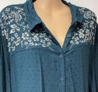 FAT FACE TURQUOISE DOBBY EMBROIDERED BUTTON SHIRT DRESS SIZE 22
