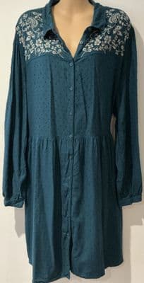 FAT FACE TURQUOISE DOBBY EMBROIDERED BUTTON SHIRT DRESS SIZE 22