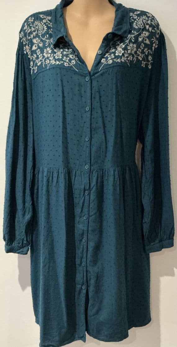FAT FACE TURQUOISE DOBBY EMBROIDERED BUTTON SHIRT DRESS SIZE 22