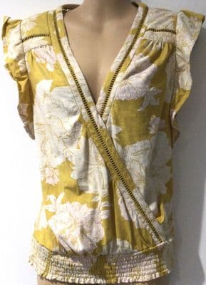 FAT FACE YELLOW FLORAL JERSEY WRAP TOP SIZE 10