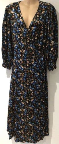 FINERY BLACK FLORAL SILKY WRAP MIDI OCCASION DRESS BNWT SIZE 20