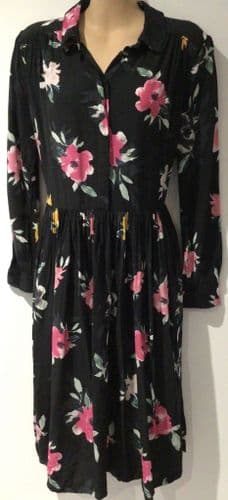 FRENCH CONNECTION BLACK FLORAL BUTTON MIDI SHIRT DRESS SIZE 12