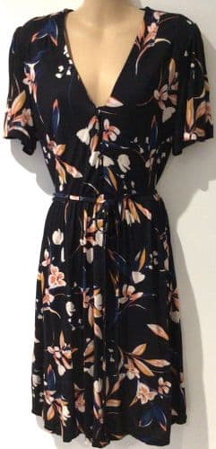 FRENCH CONNECTION NAVY FLORAL BUTTON MIDI DRESS SIZE 12