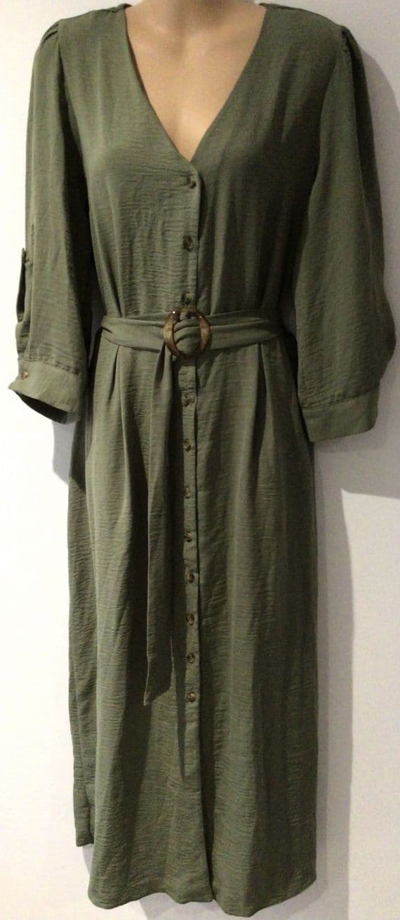 FRIENDS LIKE THESE KHAKI BUTTON SHIRT MIDI DRESS SIZE 14