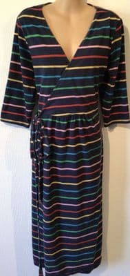 FRUGI ORGANIC NAVY RAINBOW STRIPE WRAP MATERNITY/NURSING DRESS NEW SIZE 14