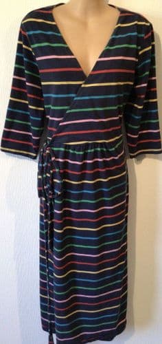 FRUGI ORGANIC NAVY RAINBOW STRIPE WRAP MATERNITY/NURSING DRESS SIZE 14