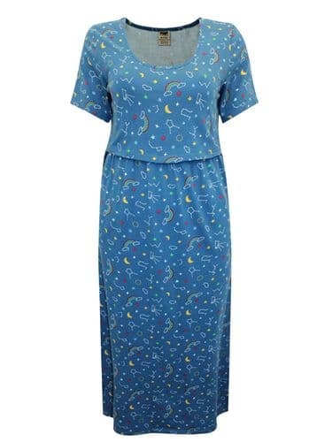 FRUGI ORGANIC TEAL ASTROLOGY MATERNITY/NURSING MIDI DRESS NEW SIZE 10
