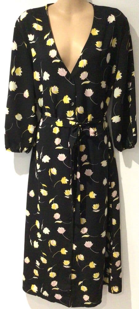 GEORGE BLACK FLORAL MIDI BUTTON DRESS SIZE 16