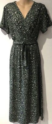 GINI LONDON KHAKI LEOPARD PRINT MAXI WRAP DRESS SIZE 10/12