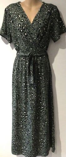 GINI LONDON KHAKI LEOPARD PRINT MAXI WRAP DRESS SIZE 10/12