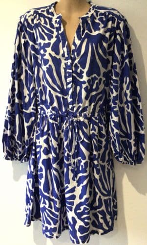 H&M LINEN BLUE PRINT DRAWSTRING SHIRT DRESS SIZE S 10-12