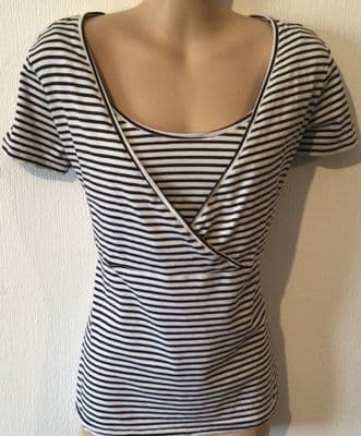 H&M MAMA BLACK/WHITE STRIPE NURSING SHORT SLEEVE TOP SIZE M 12