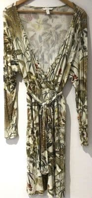 H&M MAMA CREAM LEAF PRINT WRAP MIDI DRESS SIZE XL 16-18