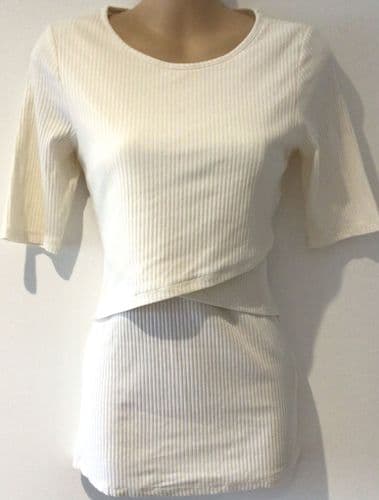 H&M MAMA CREAM RIBBED JERSEY NURSING TOP SIZE M 10-12