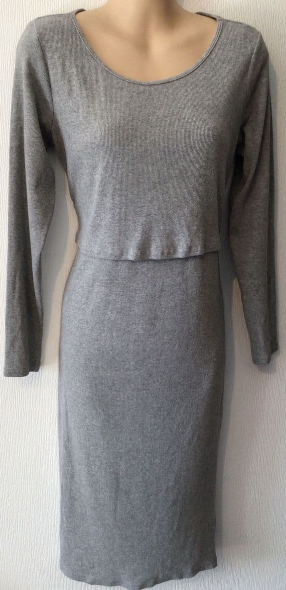 H&M MAMA GREY RIBBED MIDI NURSING DRESS SIZE L 14/16