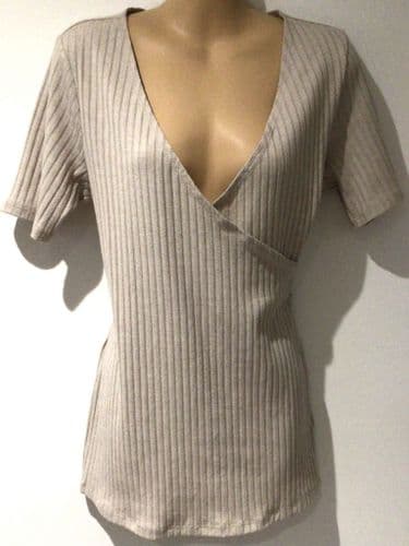 H&M MAMA OATMEAL RIBBED WRAP SHORT SLEEVE NURSING TOP SIZE L 14