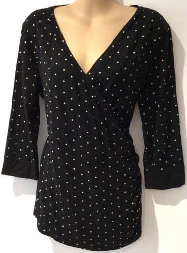 HAPPY MAMA BLACK GOLD STAR WRAP JERSEY NURSING TOP SIZE 14
