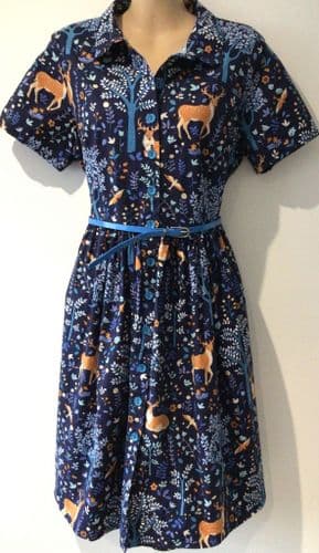 HARKEL BLUE WOODLAND DEER PRINT SHIRT DRESS WITH BELT SIZE 14