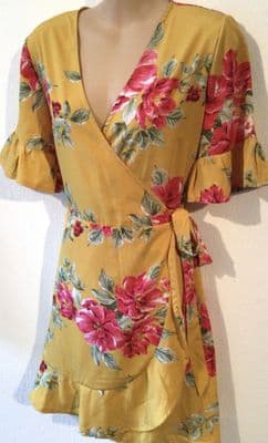 INFLUENCE YELLOW FLORAL WRAP TUNIC DRESS SIZE 12