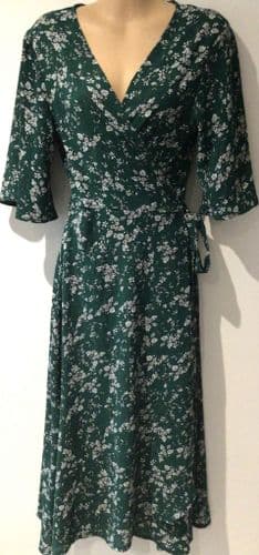 IZABEL EMERALD FLORAL WRAP SIDE TIE DRESS SIZE 10