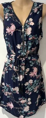 IZABEL NAVY SLEEVELESS ZIP FRONT FLORAL DRESS SIZE 12