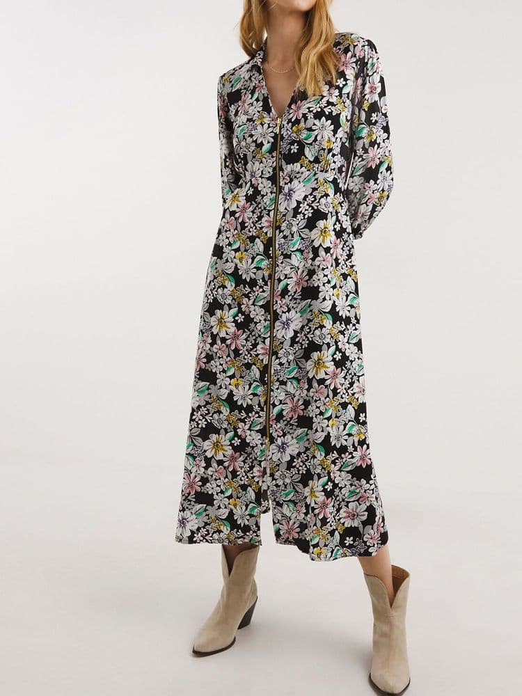 JD WILLIAMS BLACK FLORAL ZIP FRONT MIDI SHIRT DRESS NEW SIZES 12 26