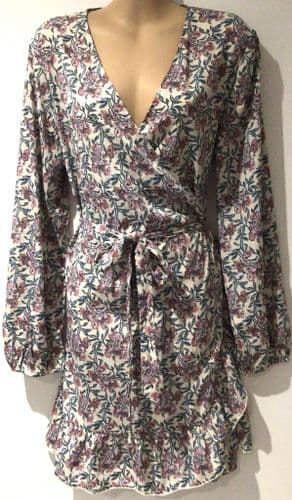 JDY IVORY/PINK FLORAL LONG SLEEVED WRAP DRESS SIZE 12/14