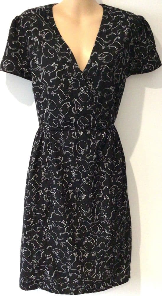 JOANIE BLACK CAT PRINT WRAP TUNIC DRESS SIZE 14