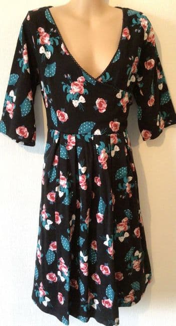 JOANIE BLACK ROSE & BOW PRINT WRAP MIDI DRESS SIZE 12/14