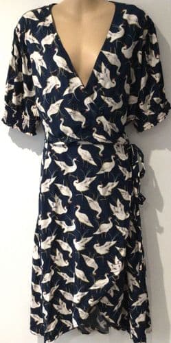 JOANIE NAVY STORK PRINT WRAP MIDI DRESS SIZE 20