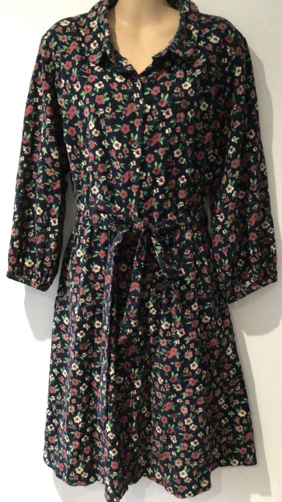 JOANIE NEEDLECORD FLORAL NAVY BUTTON MIDI SHIRT DRESS NEW SIZE 16