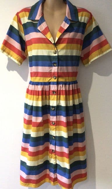 JOANIE RAINBOW STRIPE COTTON SHIRT DRESS WITH POCKETS SIZE 16