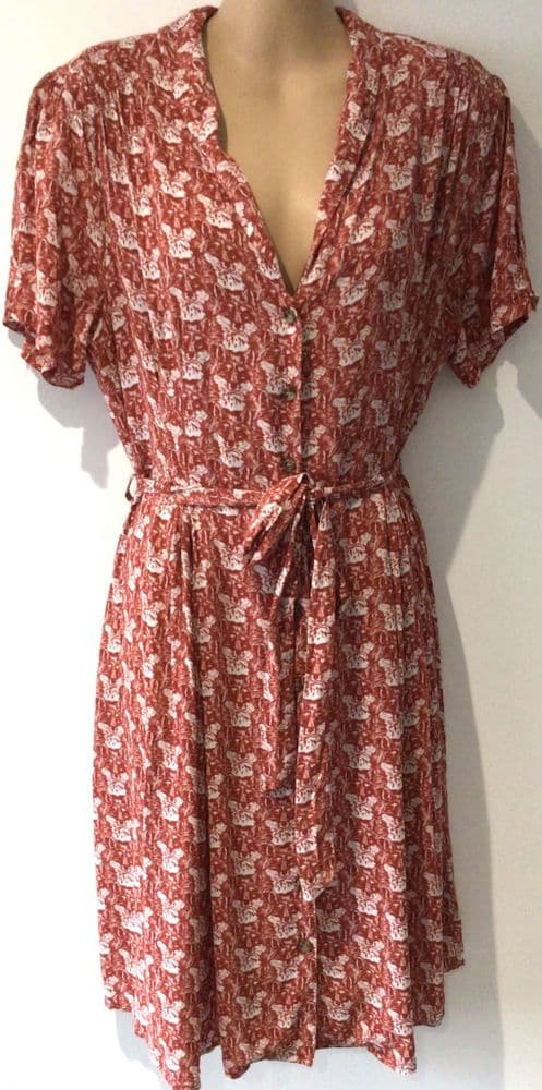 JOANIE TERRACOTTA FOX PRINT BUTTON TEA DRESS SIZE 16