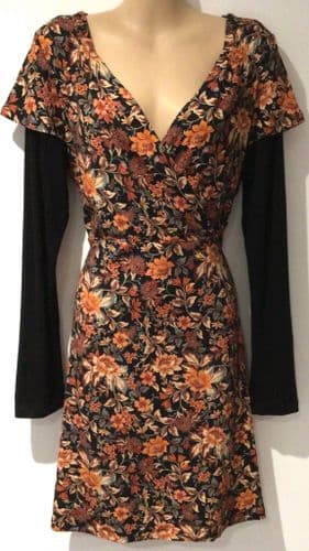 JOE BROWNS BLACK/ORANGE FLORAL WRAP DRESS SIZE 8
