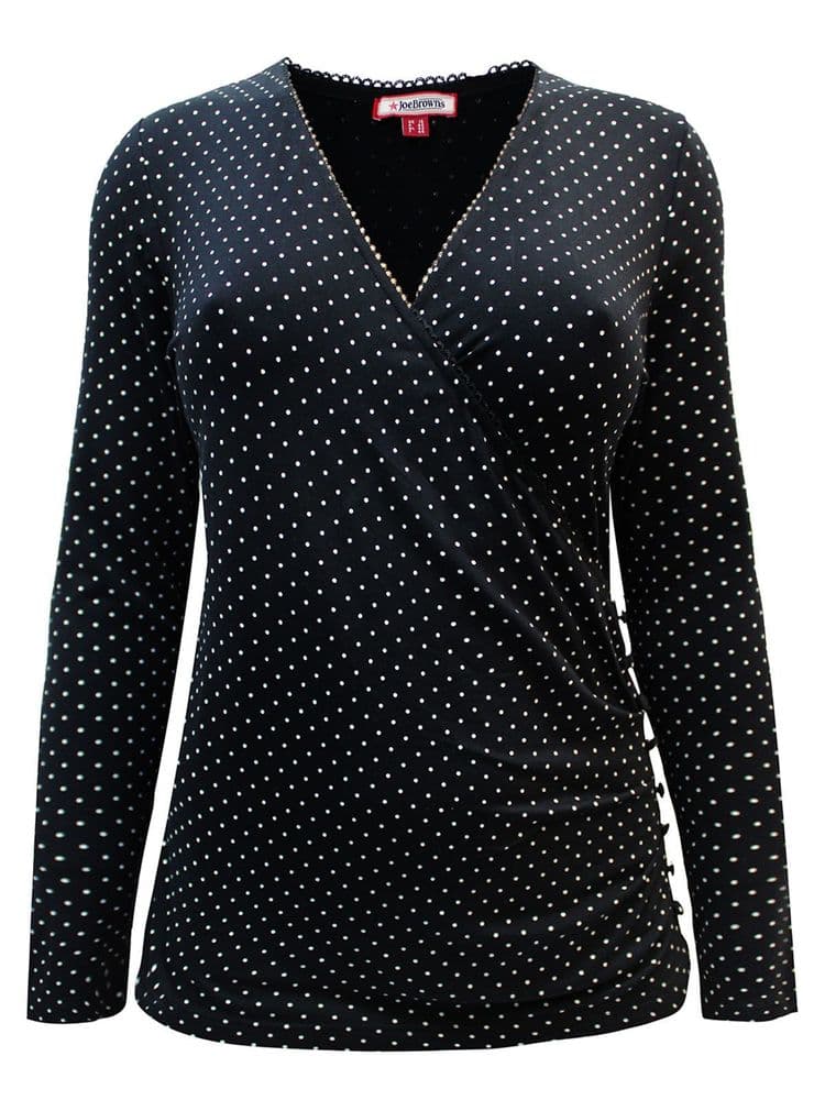 JOE BROWNS BLACK POLKA DOT JERSEY WRAP TOP NEW SIZES 16 18