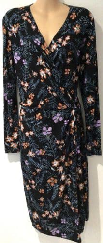 JOE BROWNS JERSEY BLACK FLORAL PRINT WRAP MIDI DRESS SIZE 12