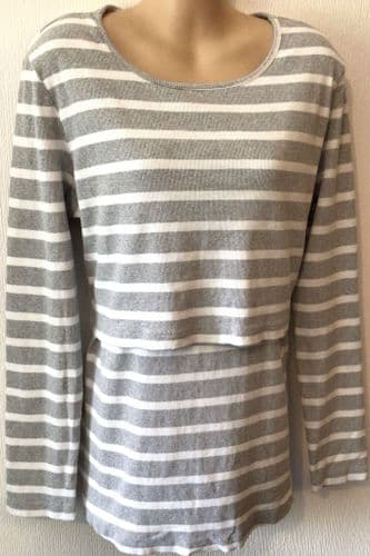 JOJO MAMAN BEBE GREY STRIPE LONG SLEEVED NURSING TOP L 14-16