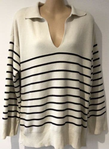 JOJO MAMAN BEBE IVORY STRIPE COLLARED KNIT NURSING JUMPER SIZE S 10-12
