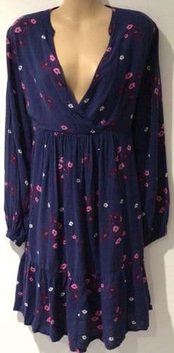 JOJO MAMAN BEBE NAVY FLORAL WRAP TIE BACK MATERNITY & NURSING DRESS SIZE M 12/14