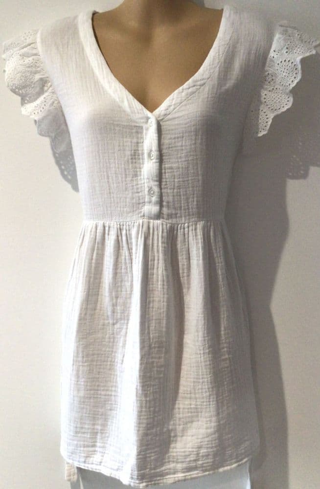 JOJO MAMAN BEBE WHITE BRODERIE SLEEVE BLOUSE TOP SIZE M 12-14