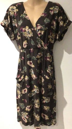 JOULES BROWN FLORAL WRAP TUNIC DRESS WITH POCKETS SIZE 12