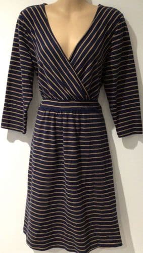 JOULES NAVY/TAUPE STRIPE WRAP JERSEY DRESS SIZE 16