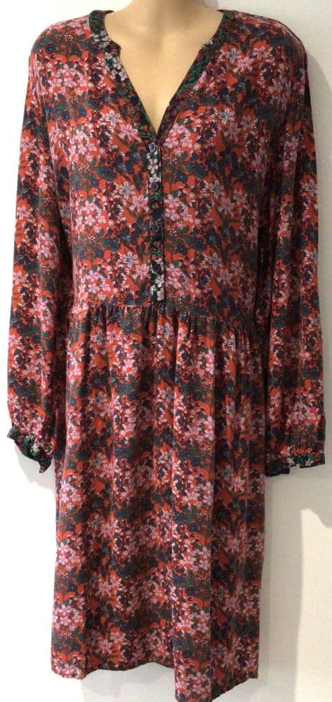 JOULES RED SOPHIA NEEDLECORD FLORAL PRINT BUTTON TEA DRESS SIZE 12